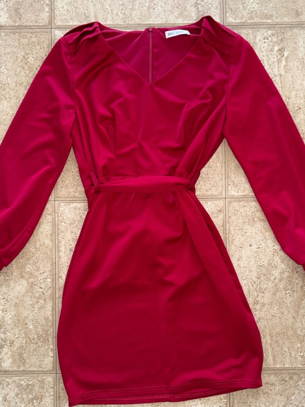 Grace Karin Crimson Long Sleeve V-Neck Tie-Waist Dress